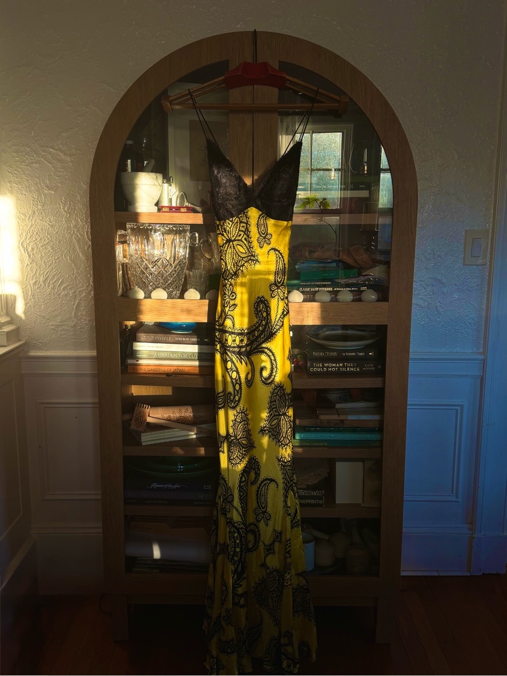 Mary L Couture Yellow and Black Paisley Lace Slip Dress